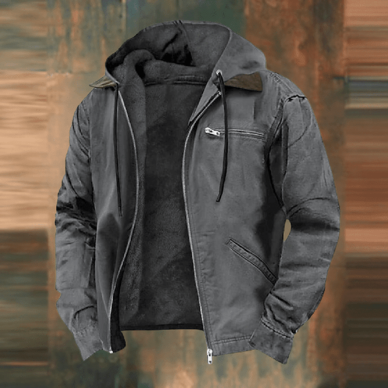 Stylish men's outerwear, a versatile zip-up hooded jacket displayed on a hanger