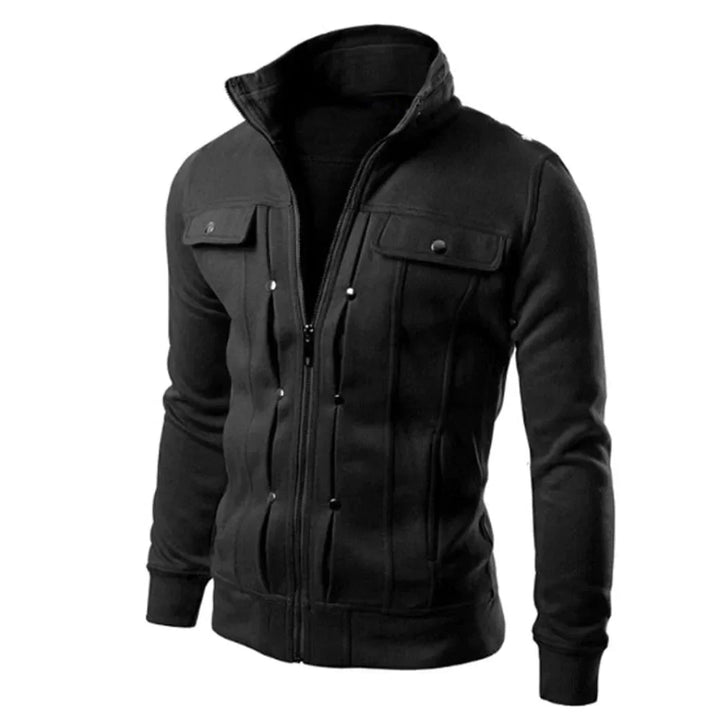 Men's casual zip-up stand collar jacket with chest pockets, perfect for spring/fall everyday wear.