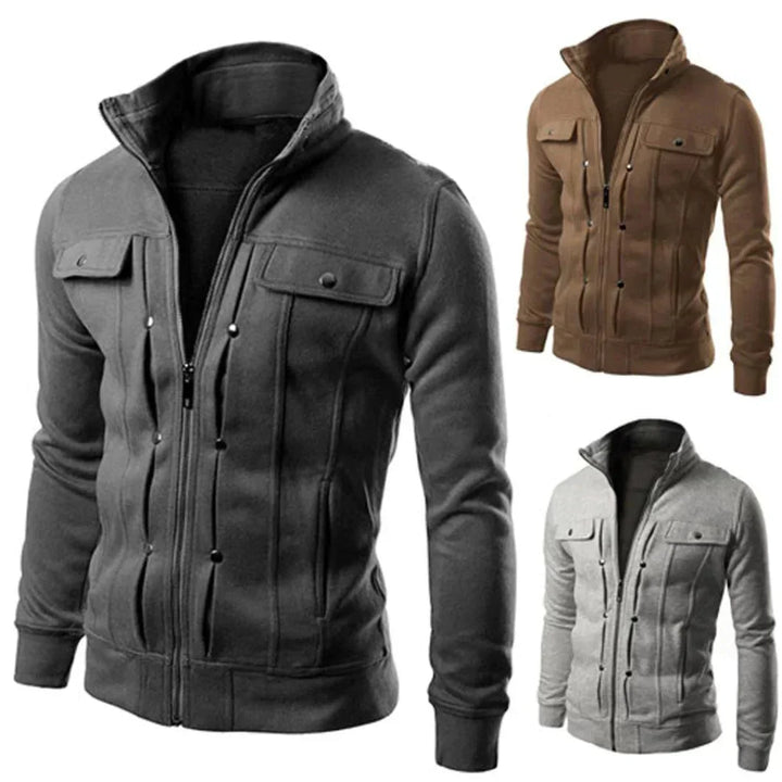 Stylish men's lightweight zip-up jacket, stand collar, sporty vintage style, comfortable outerwear.
