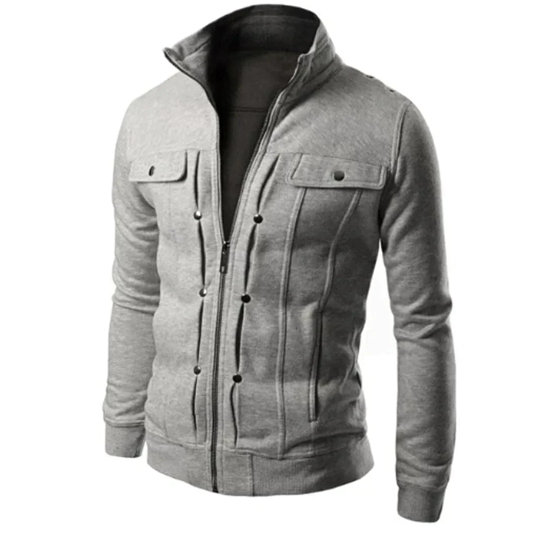 Men's versatile zip-up stand collar jacket for travel, casual everyday wear, spring and fall.