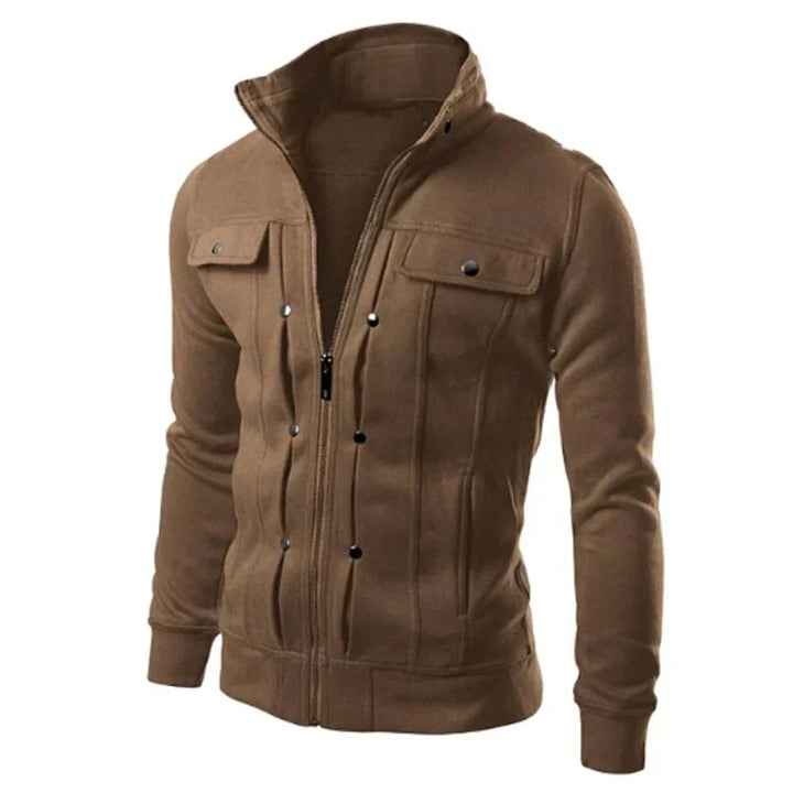 Lightweight men's stand collar zip-up jacket, chest pockets, ideal casual outerwear for spring & fall.