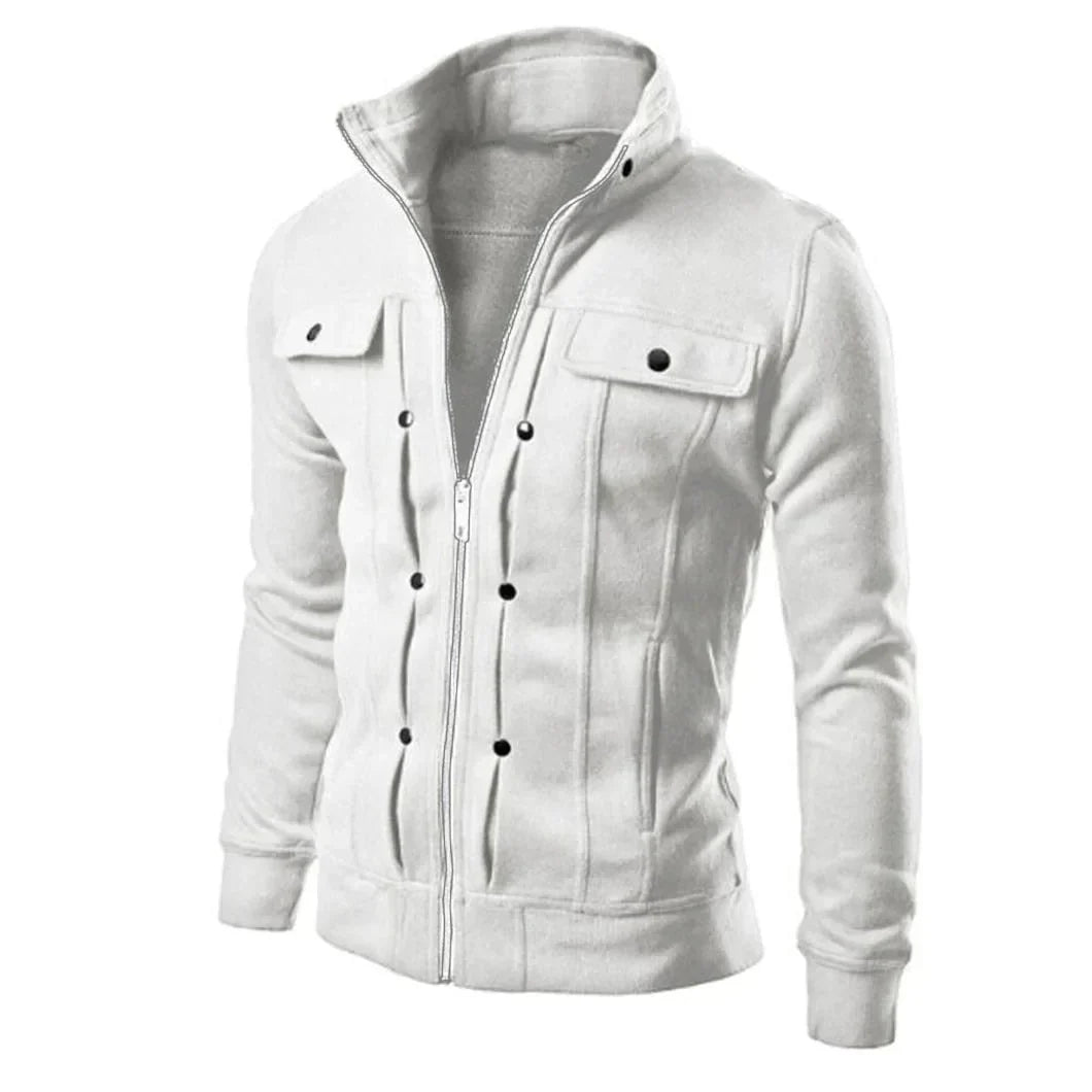 Men's comfortable casual zip-up jacket, stand collar, chest pockets, lightweight outerwear for daily wear.