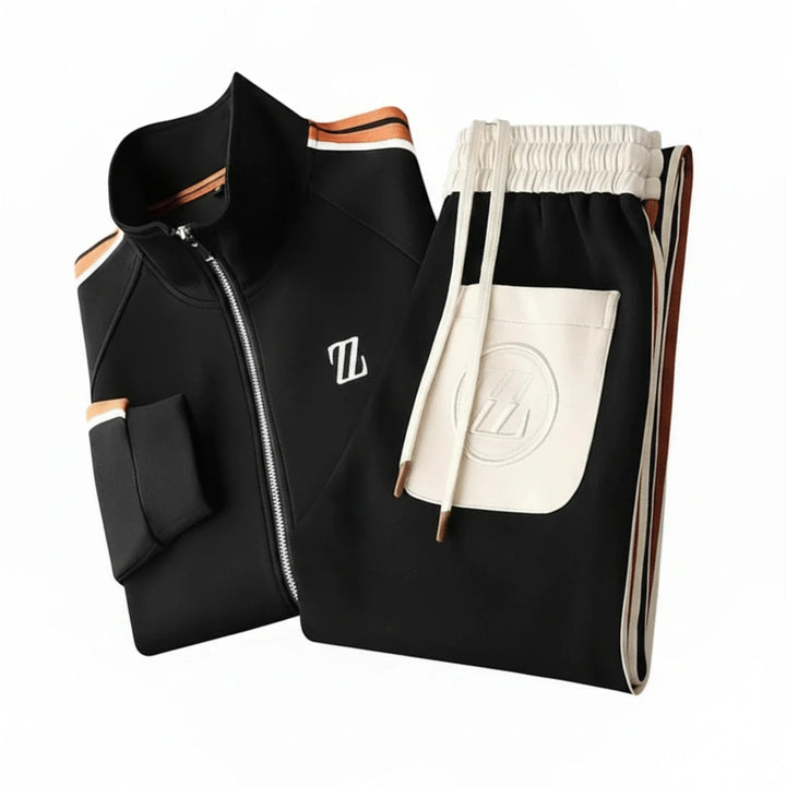 Men's sporty zip-up tracksuit set with matching side stripe joggers, excellent for active or comfortable casual wear.