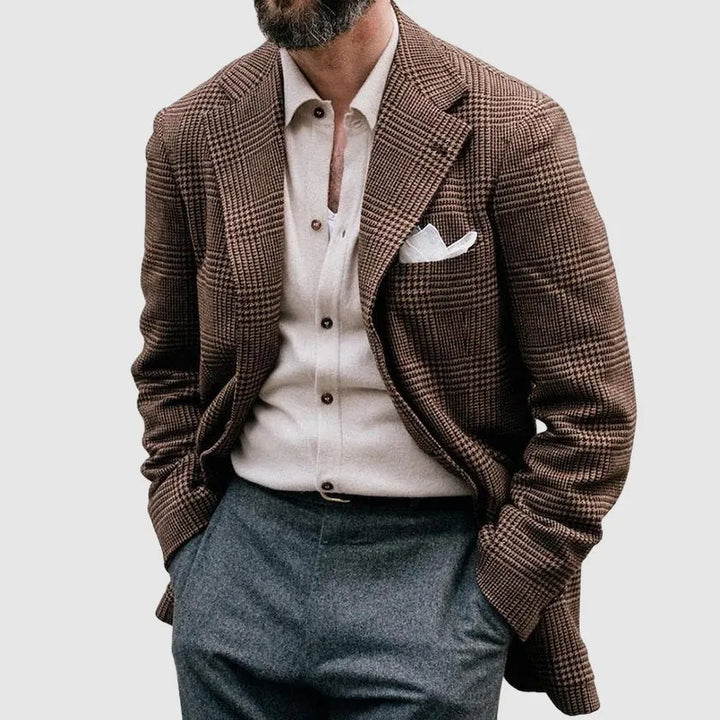 Classic men's checkered blazer, a stylish jacket for sophisticated business, smart casual, or formal wear fashion.