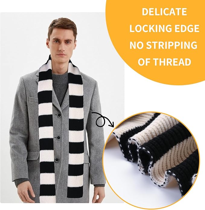 Classic striped chunky knitted men's scarf, providing warmth and a fashionable winter look.
