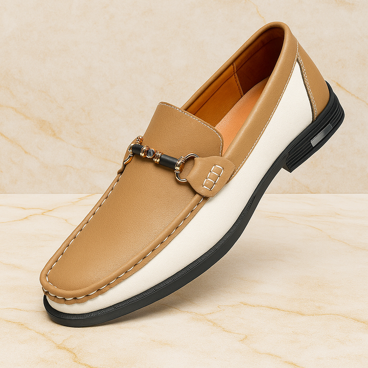 Close-up of the genuine leather texture on men's classic bit loafers, showcasing quality and craftsmanship