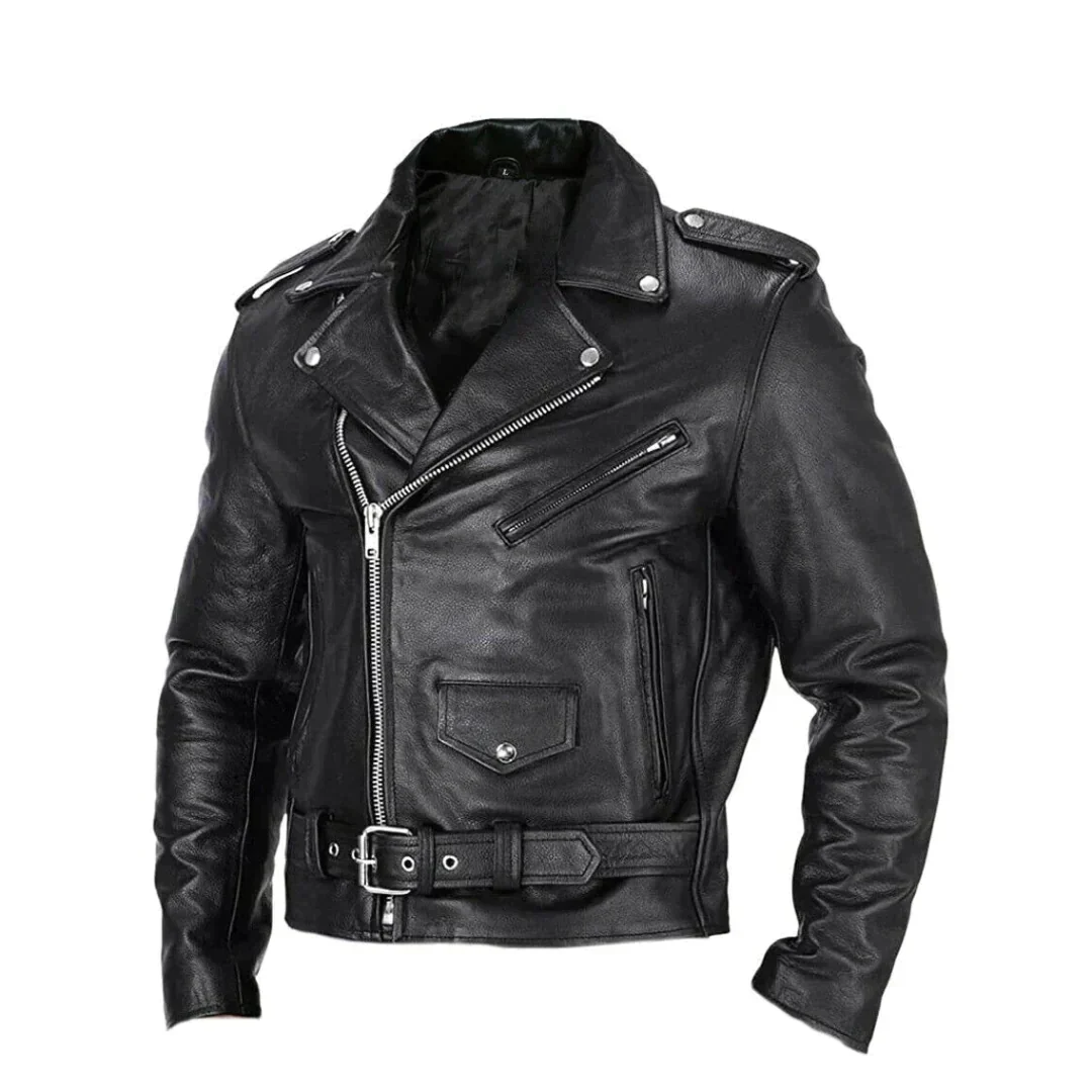 Men's classic black biker jacket with a belted waist, multiple zipper pockets, and stylish lapel collar.
