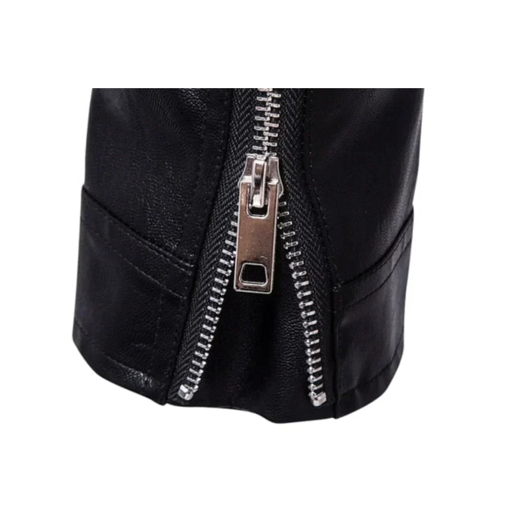 Black men's biker jacket, classic style outerwear, featuring an adjustable belt and practical zippered pockets.