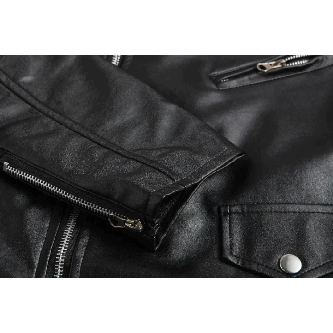 Versatile men's black biker jacket, perfect for casual wear, with a prominent belt and convenient zipper pockets.