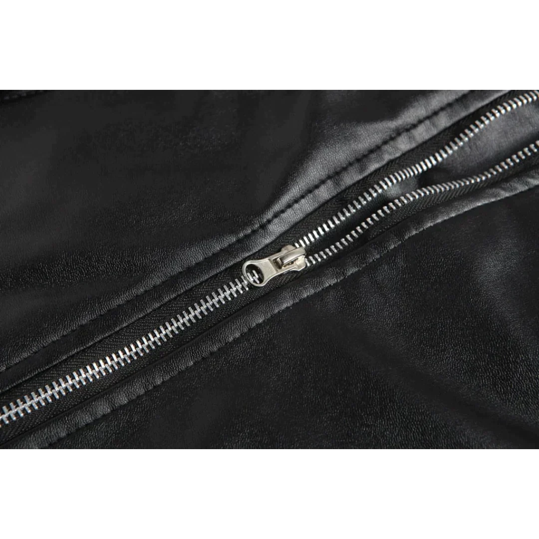 Fashionable men's classic black biker jacket, designed with a waist belt, sturdy zipper, and functional pockets.