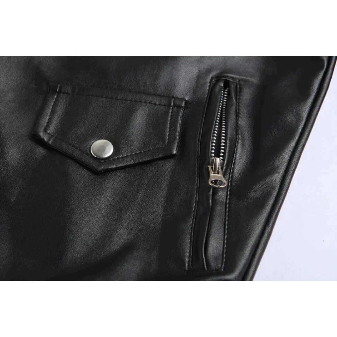 Durable men's black classic biker jacket, featuring a full zipper closure, a stylish belt, and secure storage pockets.
