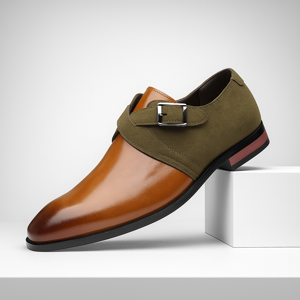 Men's classic black leather buckle loafers, luxurious formal dress shoes.