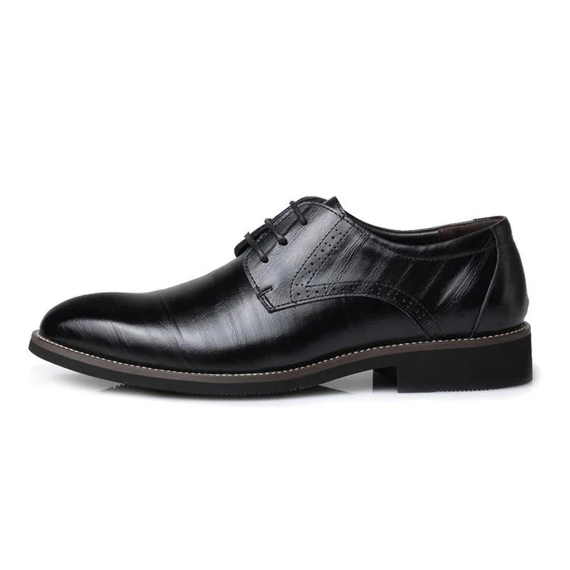 Men's classic black leather Oxford dress shoes with intricate lace-up design, perfect for formal occasions & office wear.