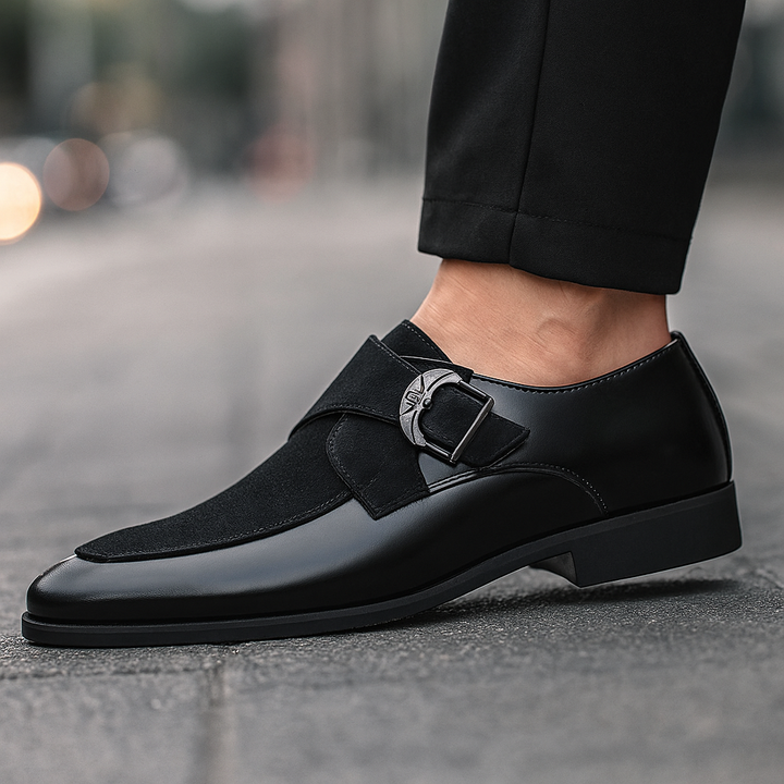 Elegant men's dark brown suede loafers with buckle detail, suitable for dressy occasions and everyday comfort.