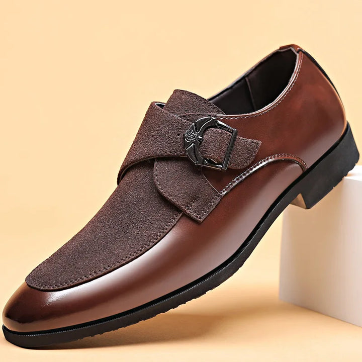 Pair of men's suede buckle loafers in versatile black, offering a blend of style and comfort.