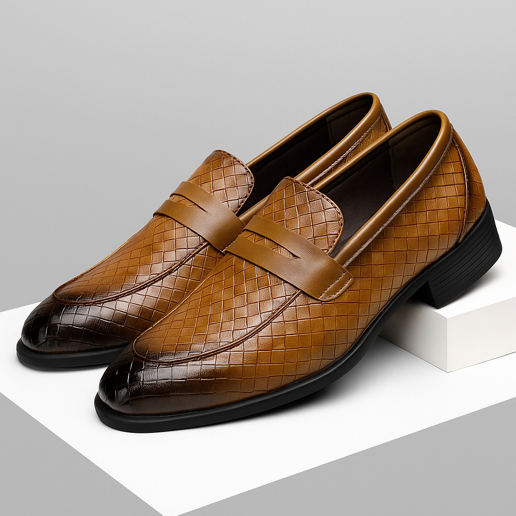 Pair of black men's woven leather penny loafers from above, classic style, comfortable