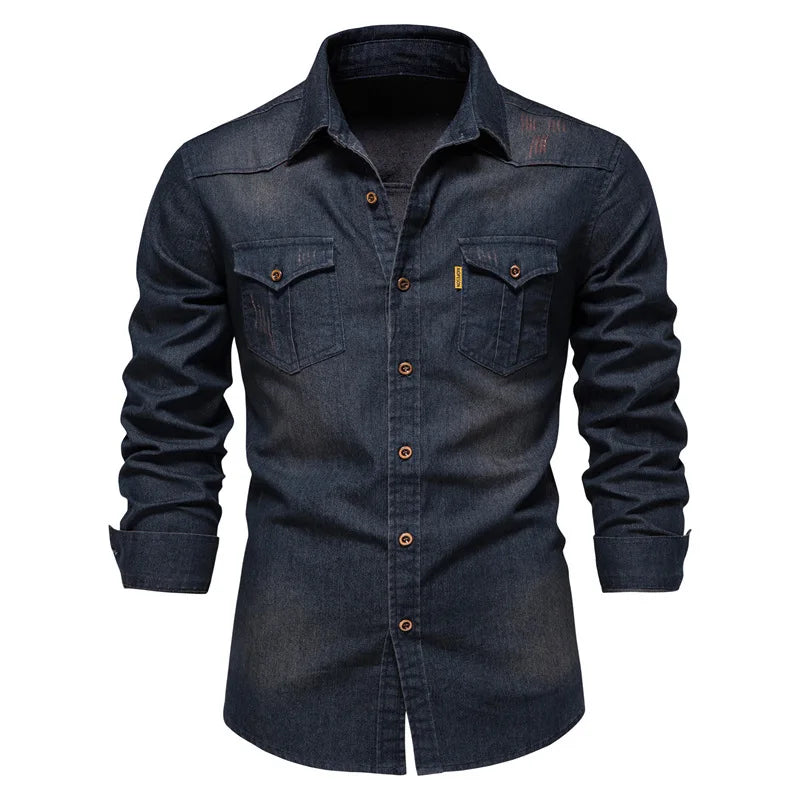Men's classic blue denim button-up shirt, long sleeve, versatile casual wear