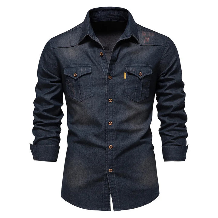 Men's classic blue denim button-up shirt, long sleeve, versatile casual wear