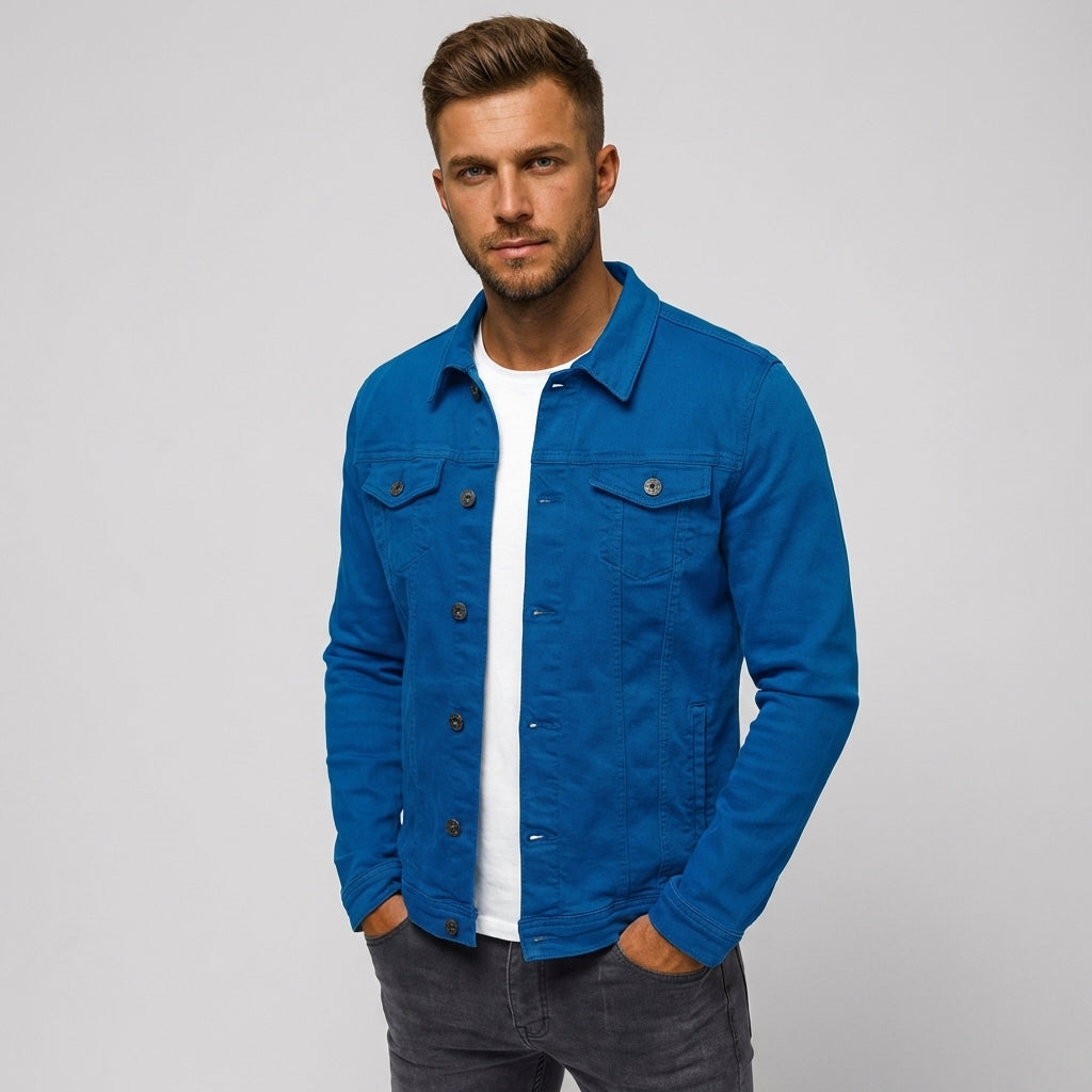 Men's classic blue denim jacket, perfect for timeless casual style & everyday wear. Comfortable men's outerwear.
