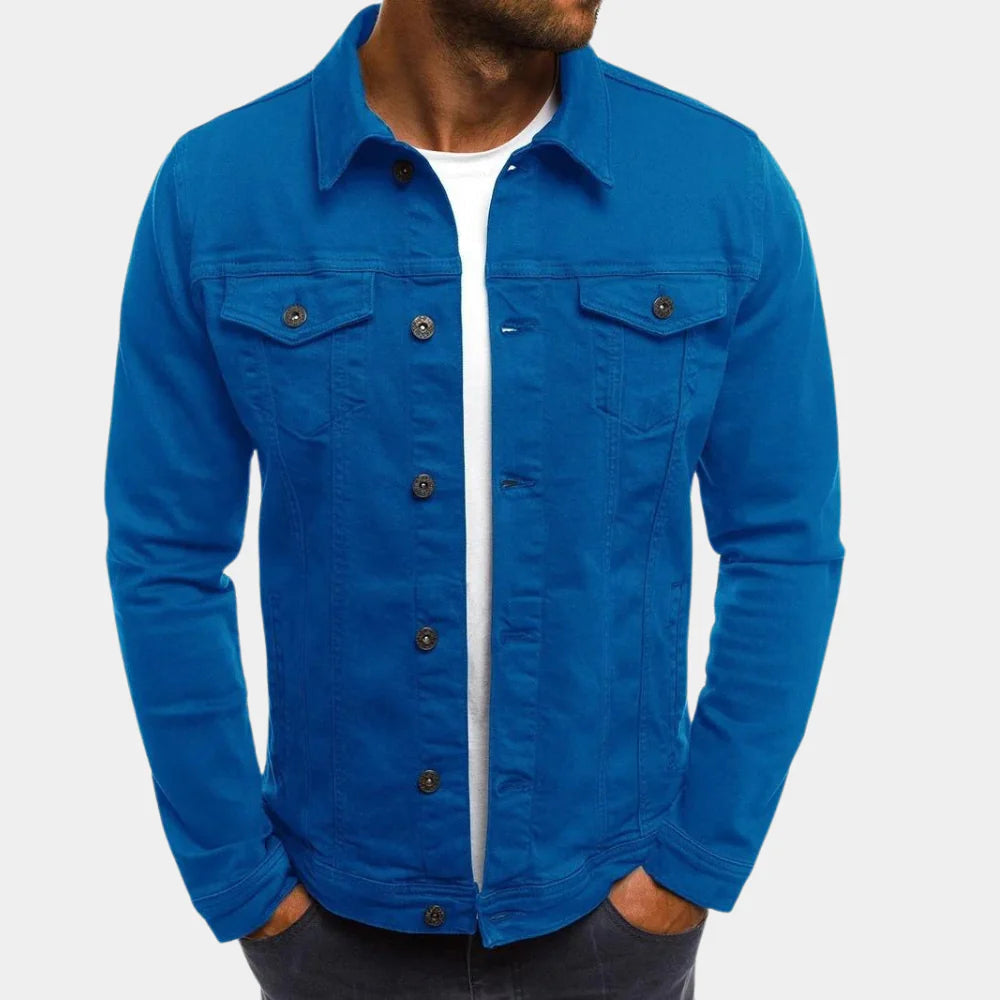 Casual men's denim jacket, ideal for versatile everyday fashion. Classic jean jacket design & comfort.