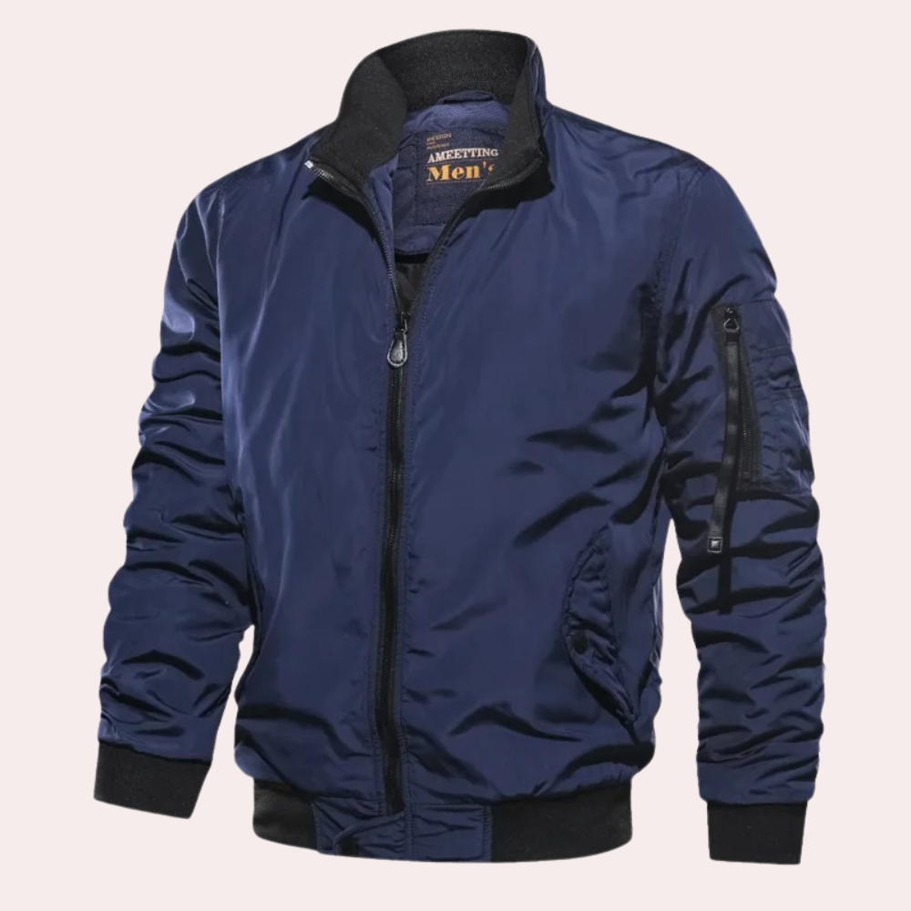 Stylish men's bomber jacket, black, featuring a full zipper, a timeless piece of men's fashion
