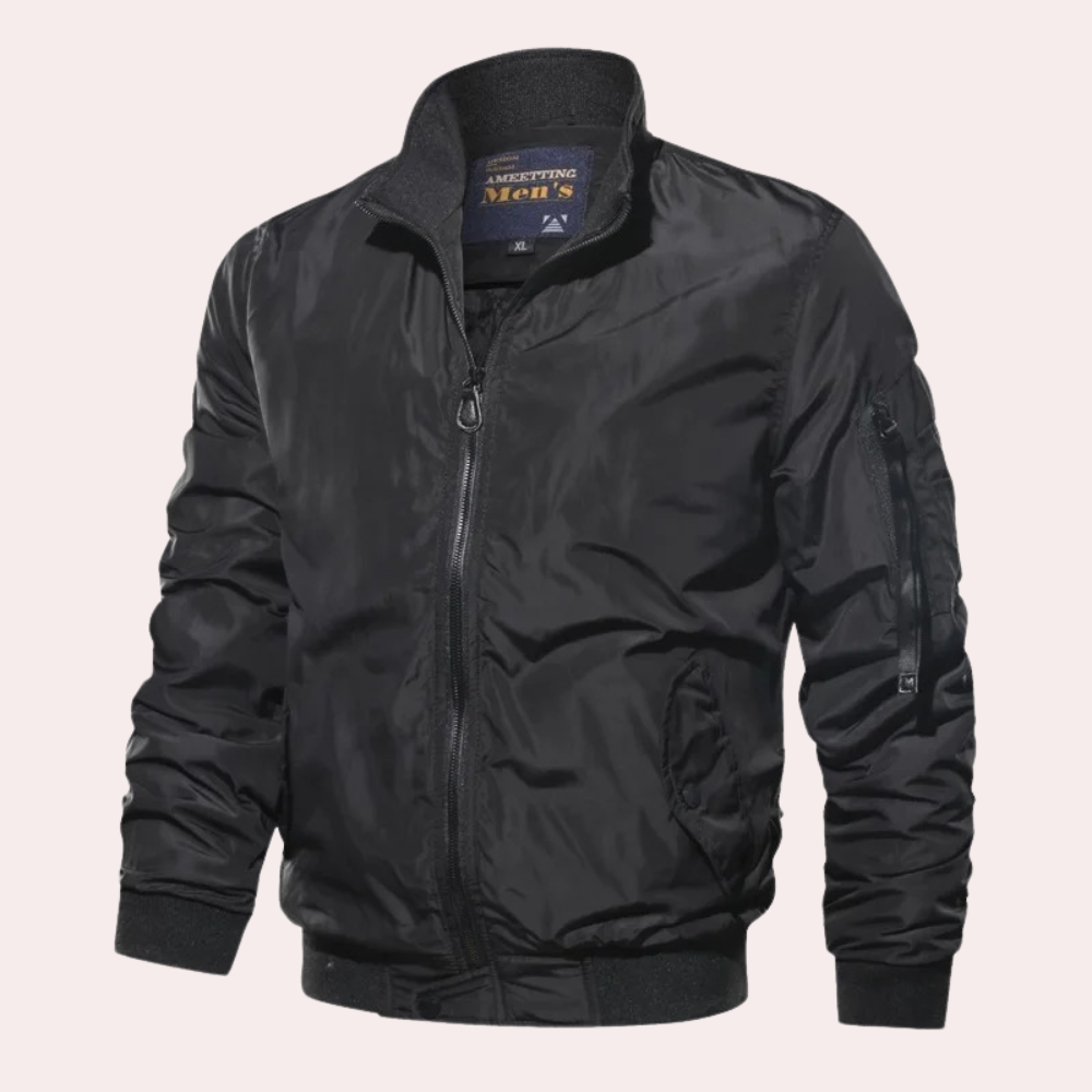 Durable men's casual bomber jacket, black, with a secure zipper closure, ideal for daily wear