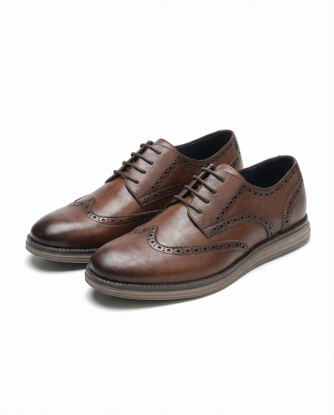 Men's classic brown leather brogue Oxford dress shoes, designed for all-day comfort and formal wear.