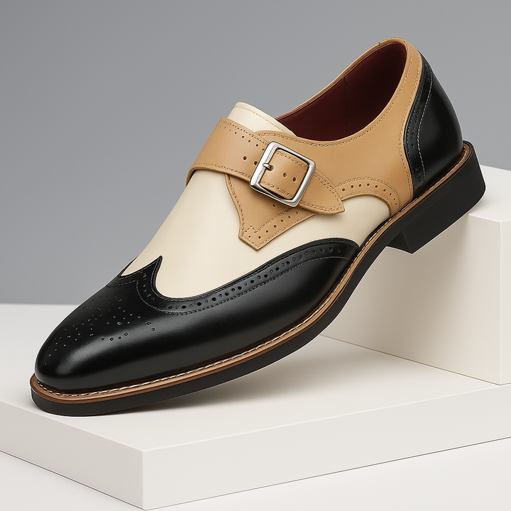 Stylish men's black leather monk strap dress shoes, perfect for formal occasions