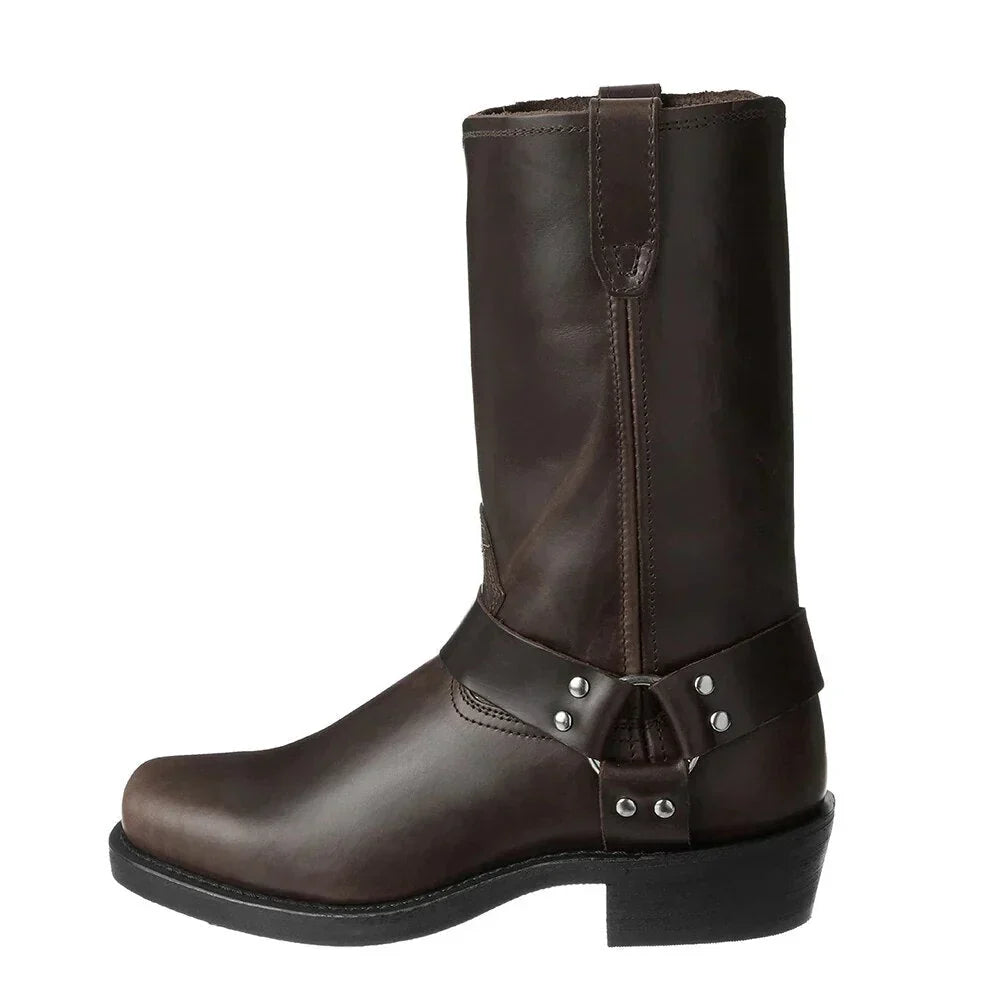 Close-up of men's durable leather Western boots, showcasing quality craftsmanship and classic rugged style