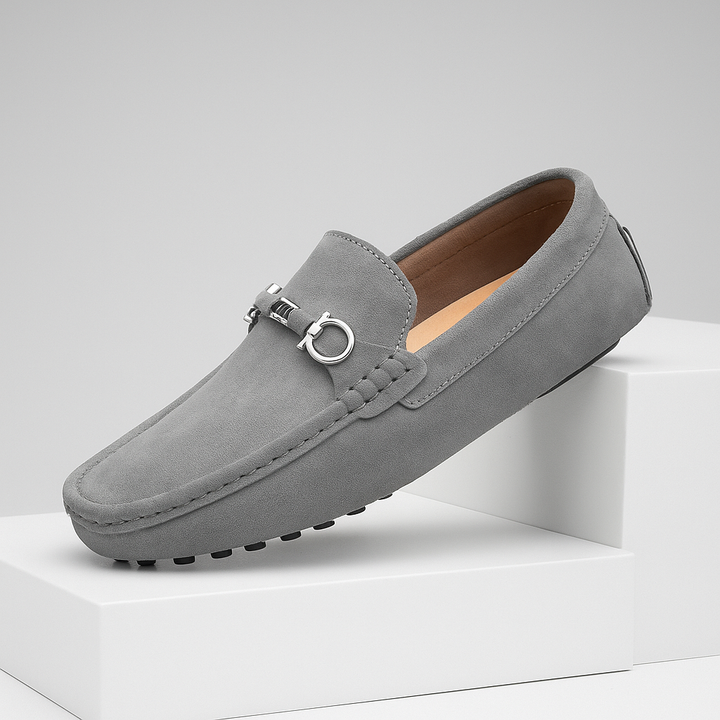 Men's classic brown suede bit loafers, flexible sole for comfortable casual wear and driving style.