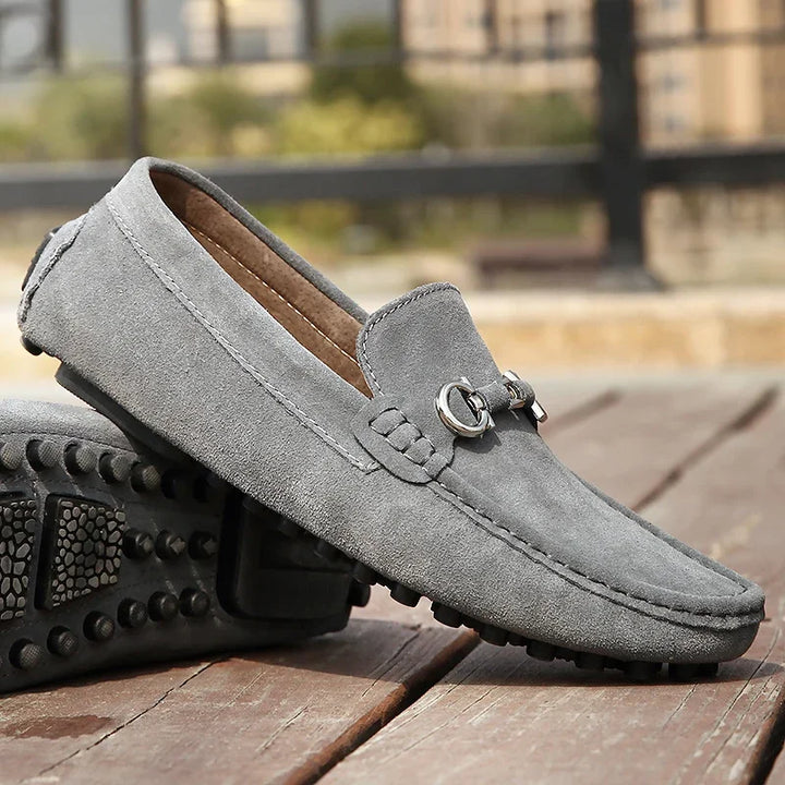 Top-down view of men's luxurious suede bit loafers, designed for ultimate comfort and casual elegance.