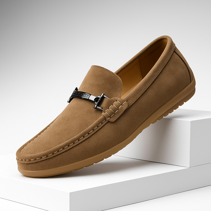 Tan men's suede comfort loafers with a durable sole, ideal casual footwear for everyday wear