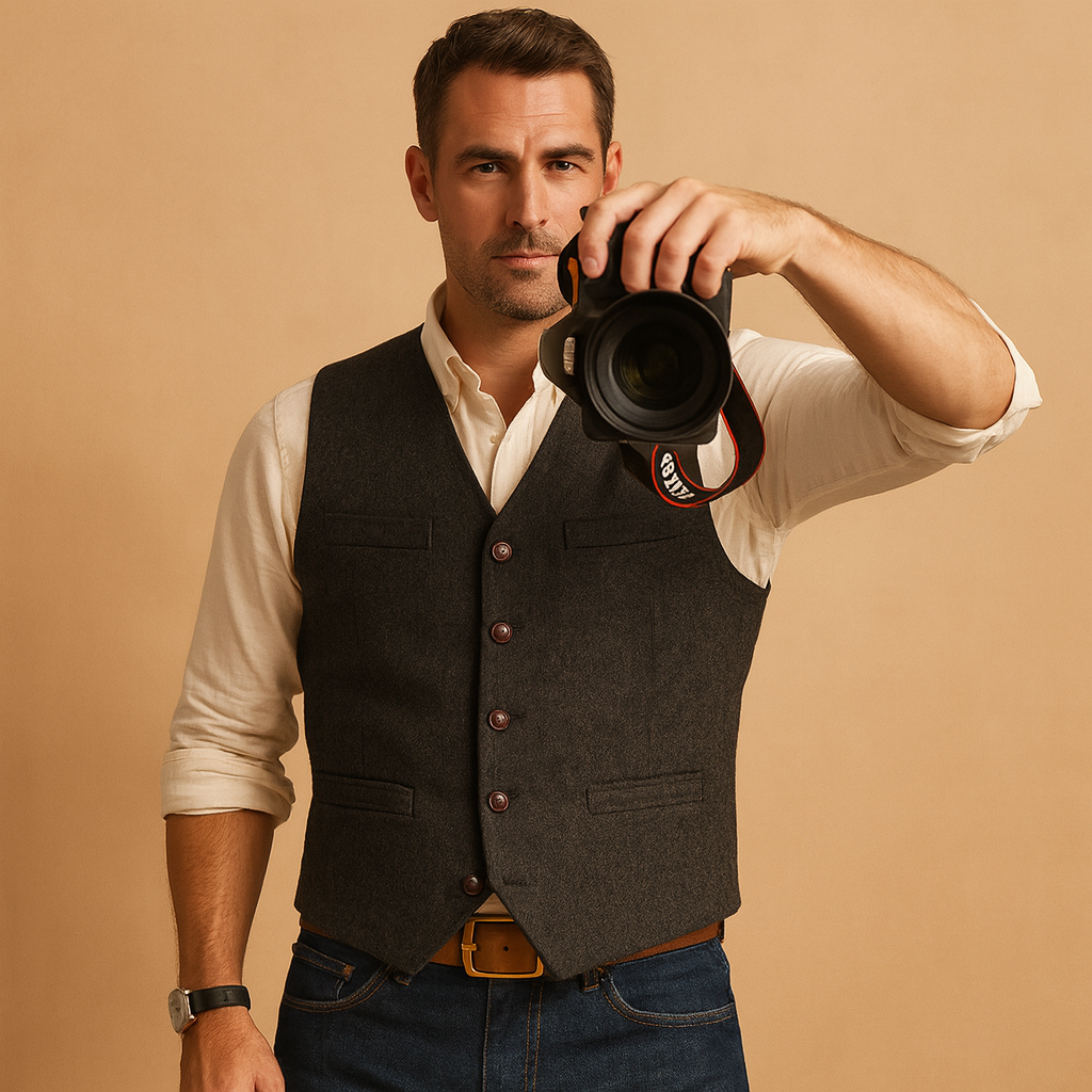 Close-up of a men's tailored buttoned vest, showcasing fabric texture and sleek design, perfect for autumn.