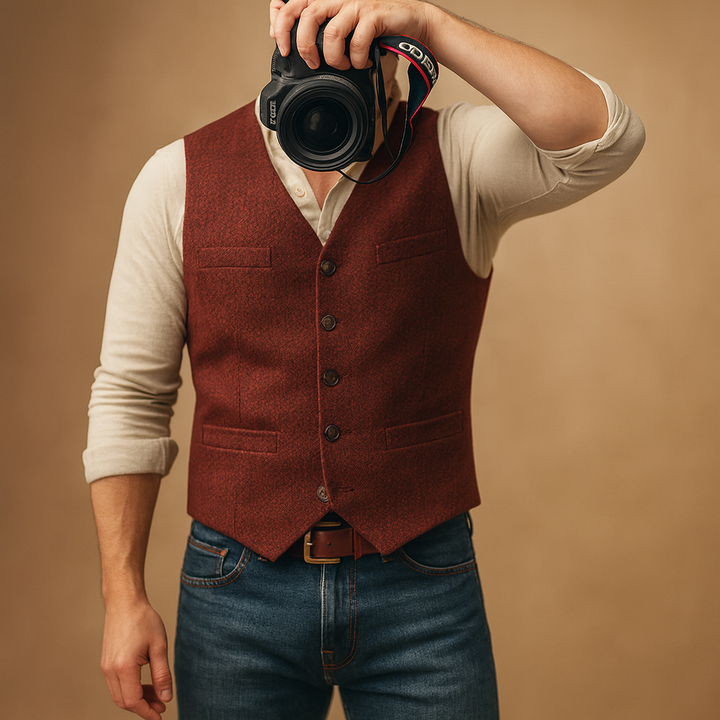 Versatile men's classic buttoned vest, tailored fit, perfect for formal or casual autumn/winter outfits.