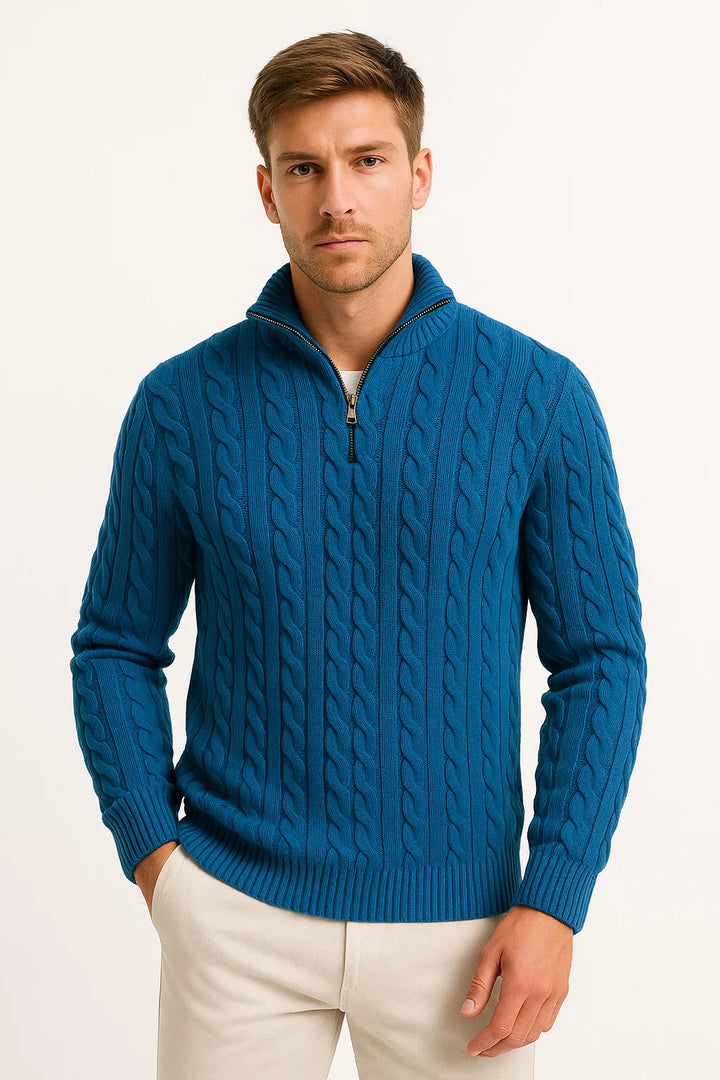 Front view of a men's blue cable knit zip-neck sweater, highlighting its comfortable fit for everyday wear.
