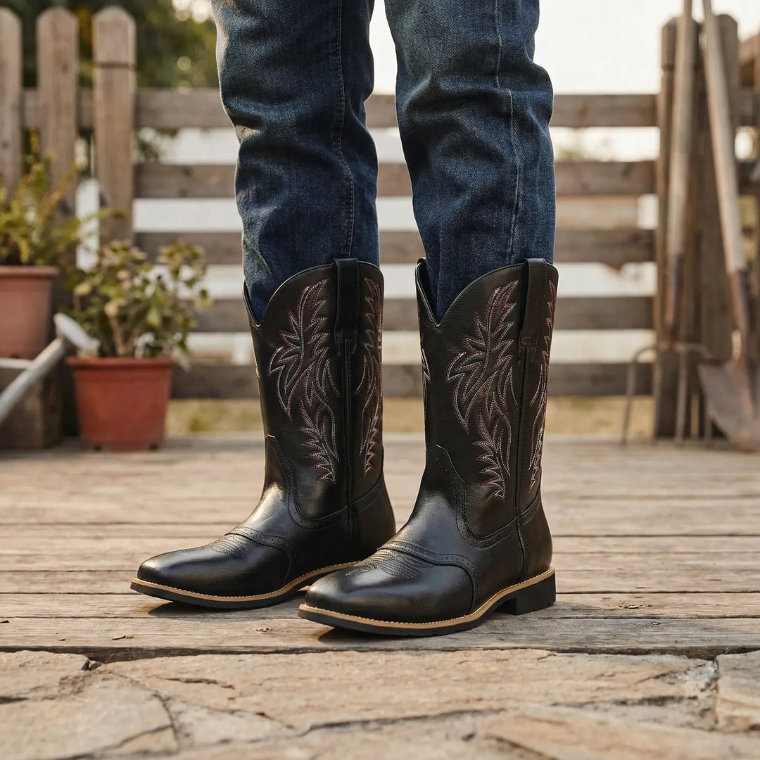 Men's classic calf-length cowboy boots, Western style with durable construction.