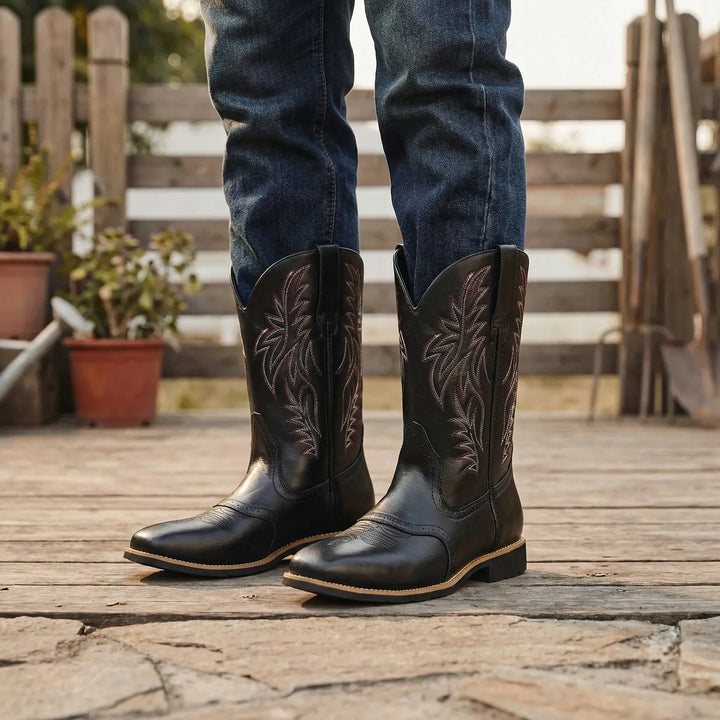 Men's classic calf-length cowboy boots, Western style with durable construction.