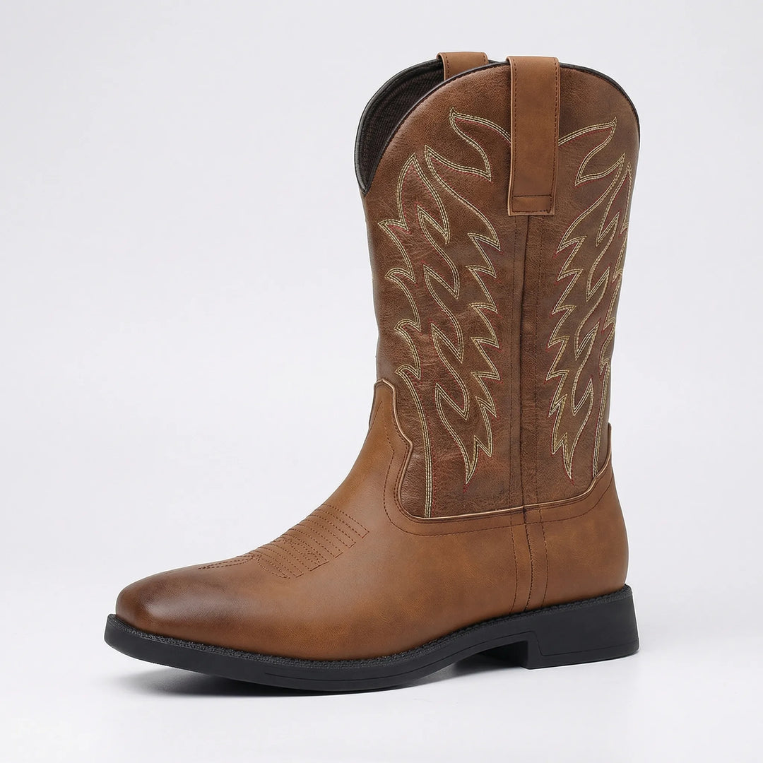 Authentic men's cowboy boots, calf-length, embodying classic Western rugged footwear style.
