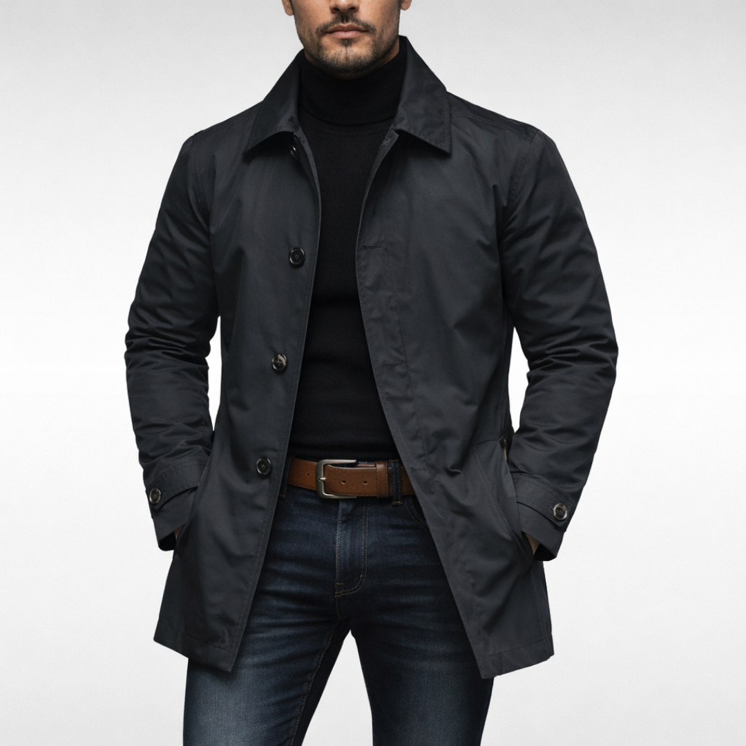 Versatile men's classic car coat, elegant button-front outerwear for fall & winter fashion.