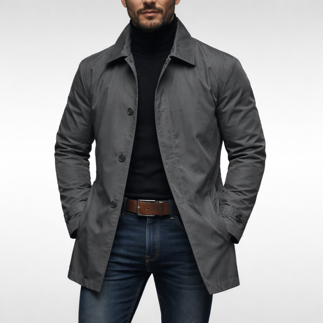 Elegant men's classic car coat with point collar, perfect for stylish fall and winter looks.
