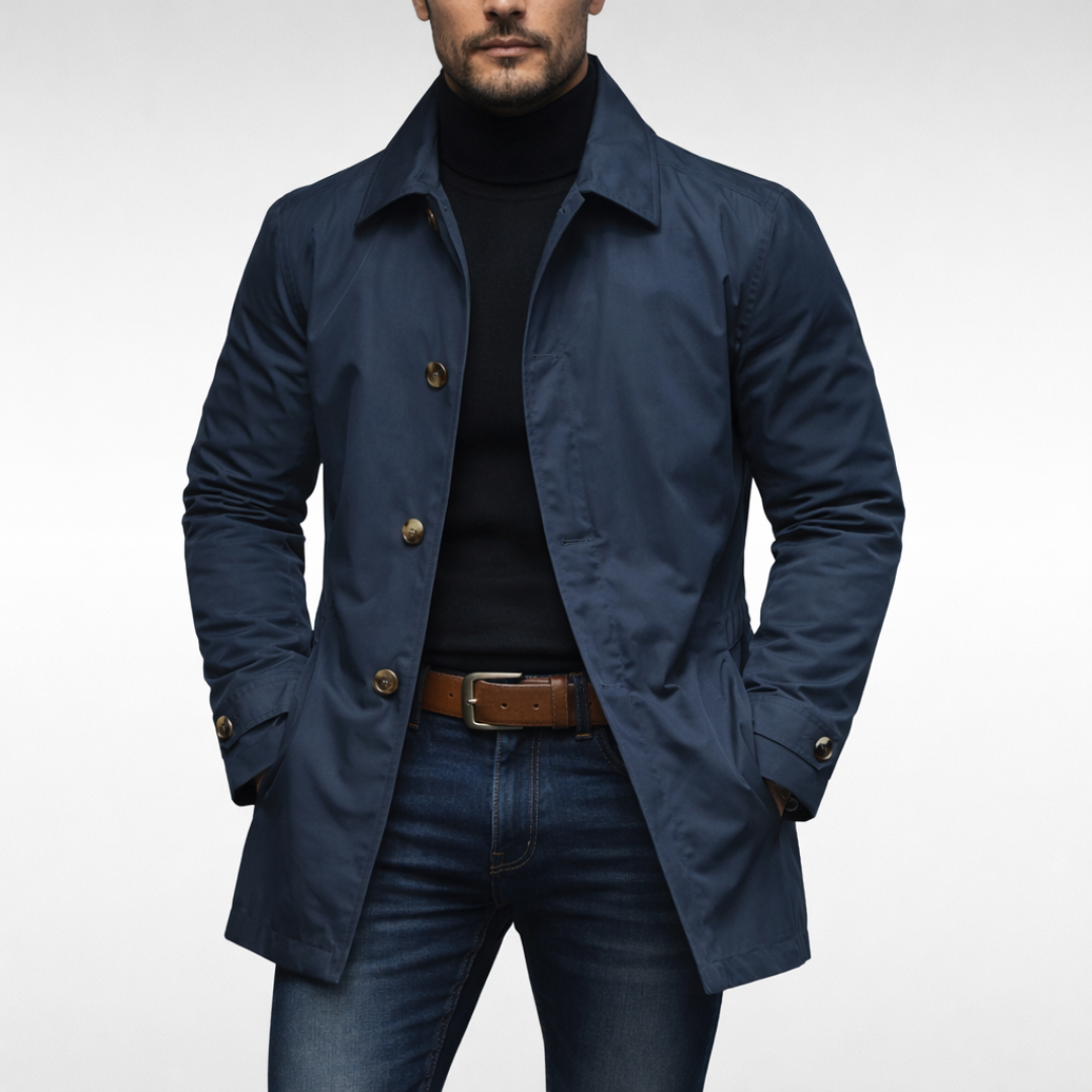 Timeless men's classic car coat jacket offering all-season comfort & sophisticated style.
