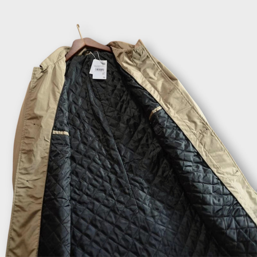 Full view of men's classic car coat, button-front design for a timeless, elegant look.