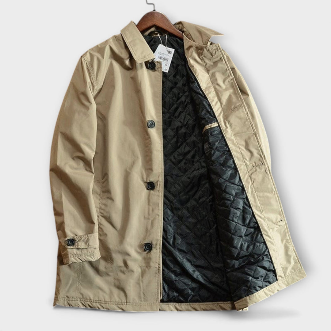 Close-up of men's classic car coat showing point collar & premium fabric detail for fall fashion.