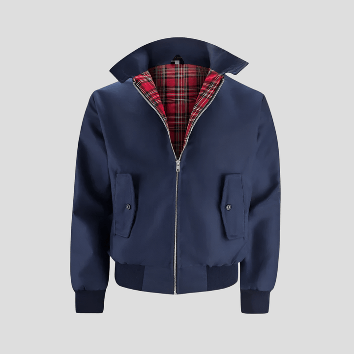 Men's outerwear: classic black bomber jacket with an open zipper, revealing the checked interior lining design