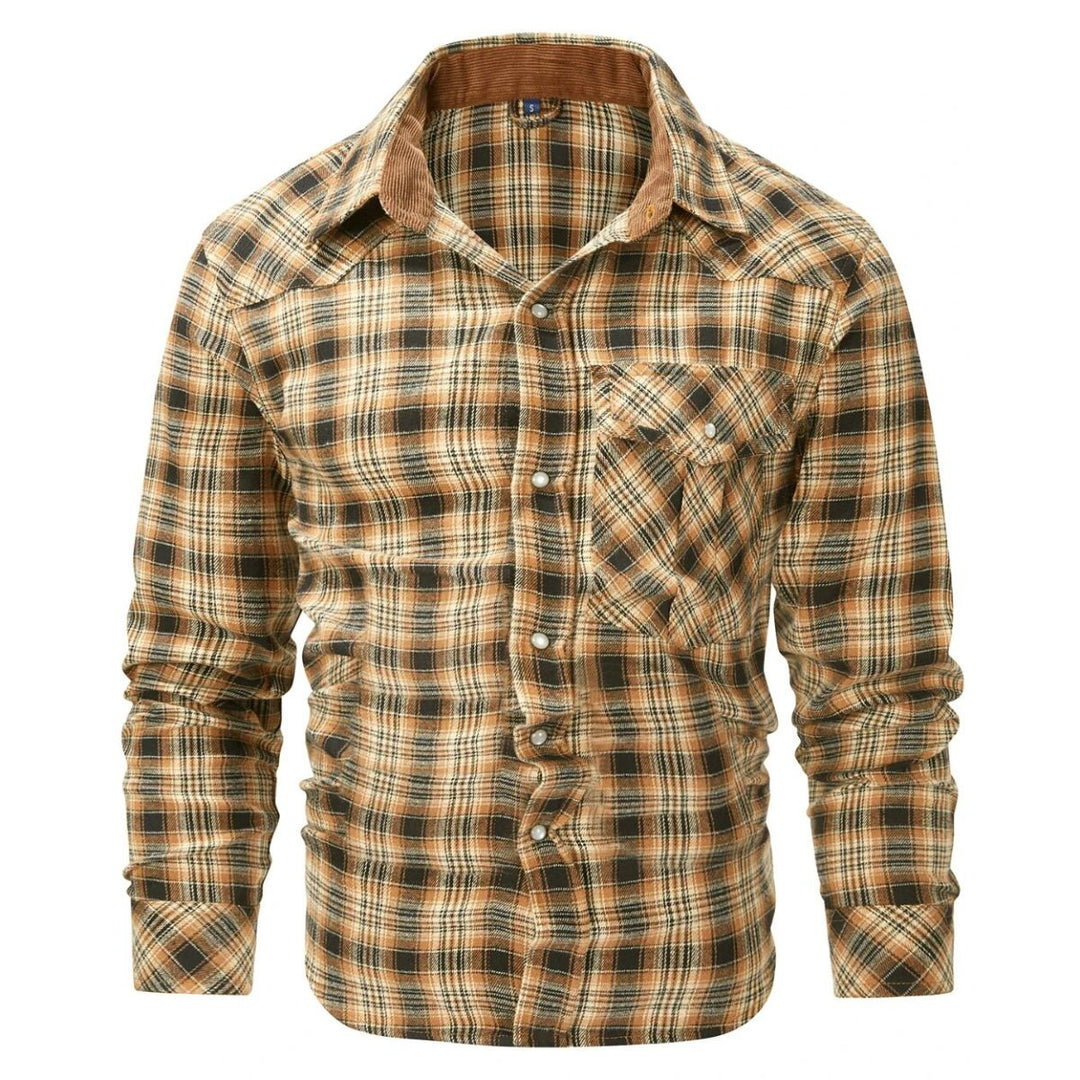 Close-up of men's classic checked shirt detail, showing fabric & button-down. Great for autumn/winter casual fashion.