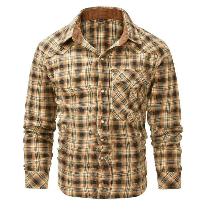 Close-up of men's classic checked shirt detail, showing fabric & button-down. Great for autumn/winter casual fashion.