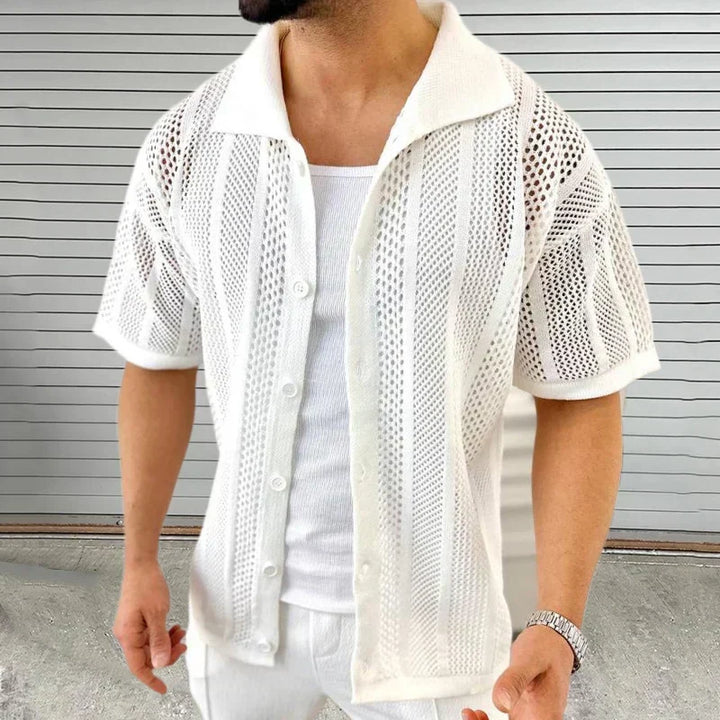 Men's smart casual knit shirt, classic collar, short sleeve comfort for versatile summer styling.