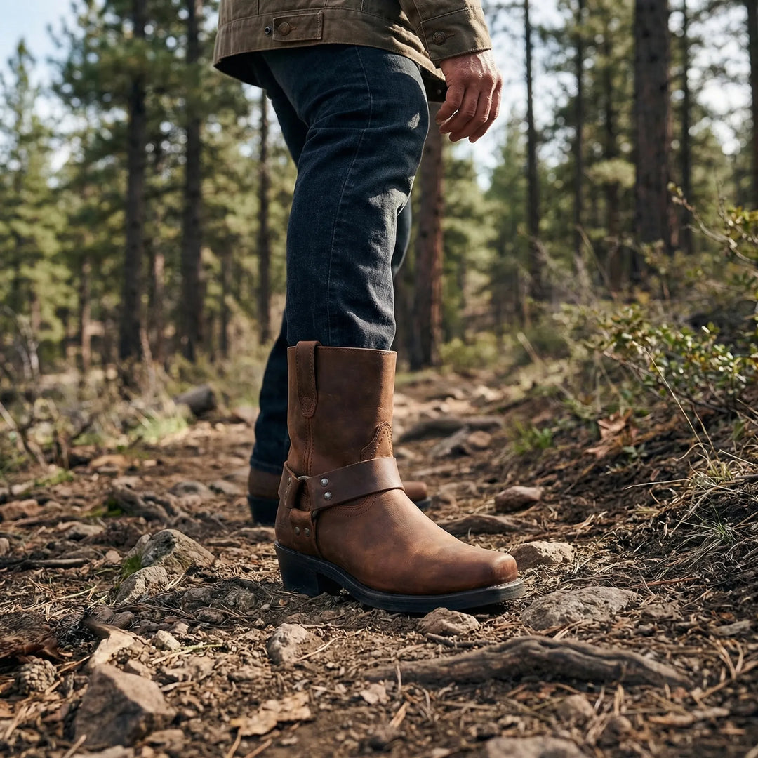 Men's classic cowboy boots with rugged design & stylish studded strap. Perfect western footwear for men.