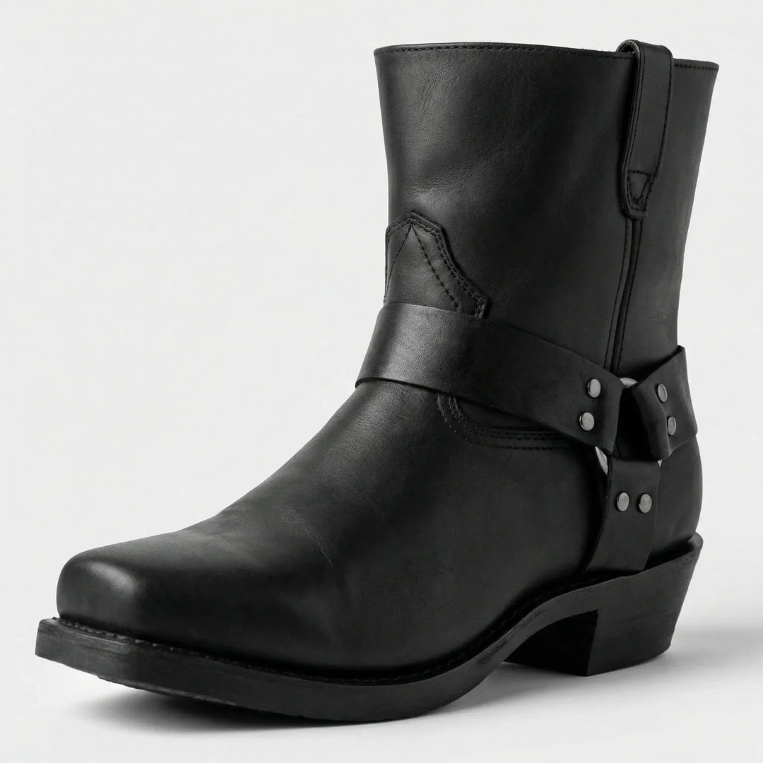 Classic men's slip-on cowboy boots, durable with a studded strap. Rugged western style for all-day comfort.