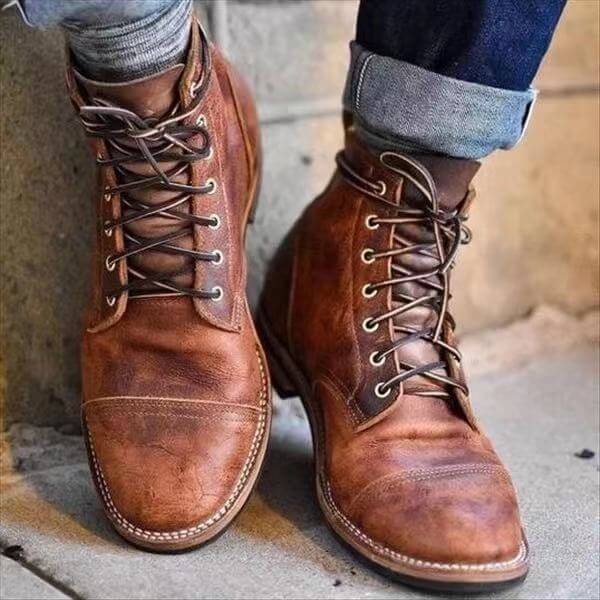 Comfortable men's light brown leather boots. Durable classic design for supportive everyday casual or dress wear.